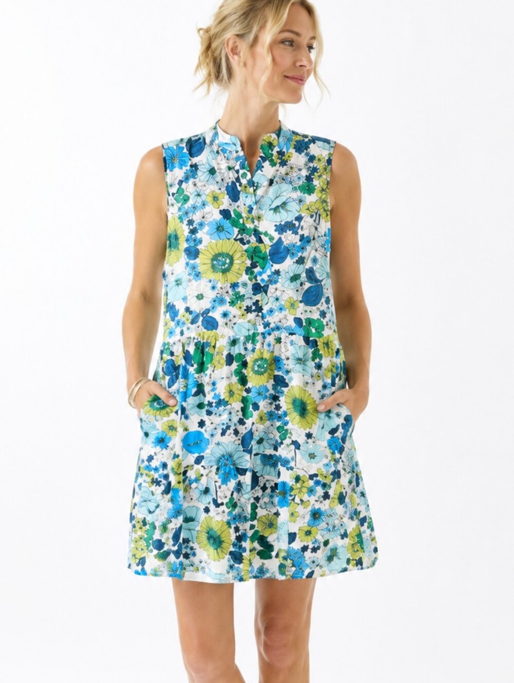 Sandra Darren Blue Green Floral Midi Dress Vintage Style